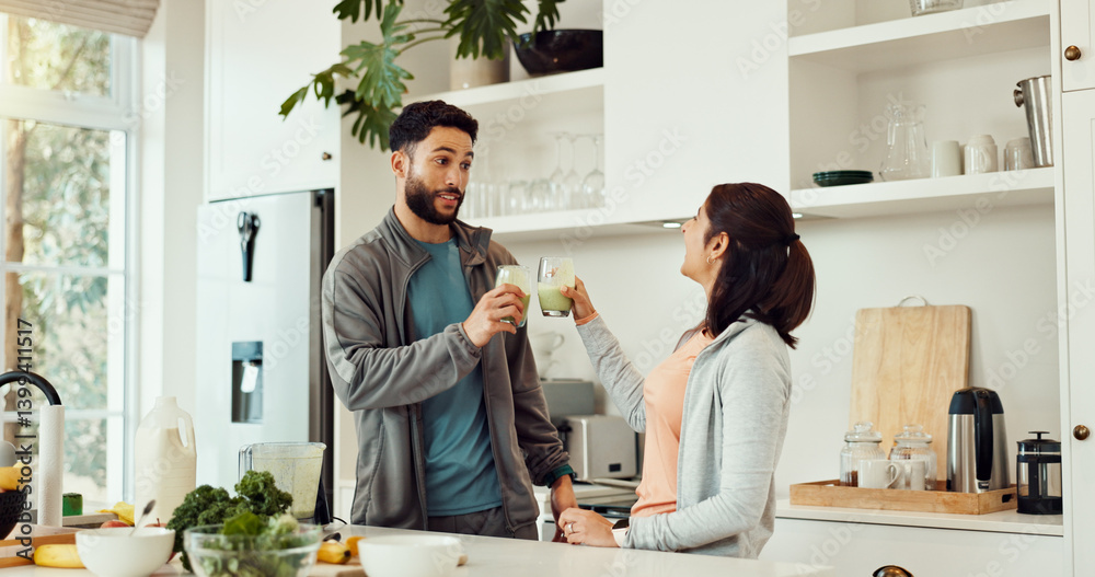 Cheers, health and couple with smoothie in kitchen at home for wellness, diet and nutrition snack. Love, happy and man with woman for toast with green juice for vitamins or hydration in house.