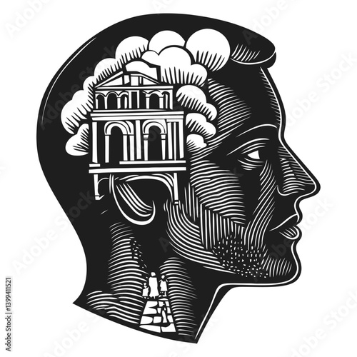 Abstract Illustration of Human Profile with Architectural Elements