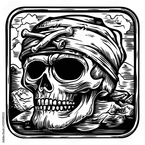 Detailed Black and White Skull Illustration with Pirate Bandana Design