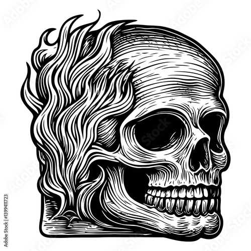 Intricate Black and White Skull Design with Flames and Details