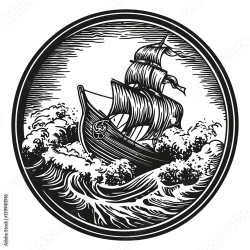 Vintage Maritime Illustration of a Ship Navigating Stormy Seas