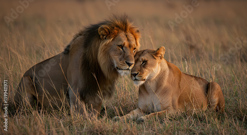 Wallpaper Mural Affectionate moment within a lion pride, showing a large male lion interacting gently with a lioness and their cubs during rest. Torontodigital.ca