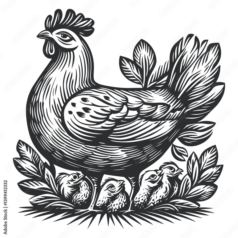 Fototapeta premium Detailed Woodcut of a Hen and Chicks Surrounded by Leaves