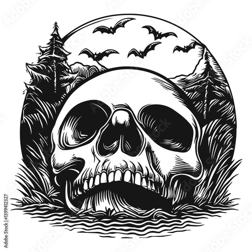 Skull Design with Forest and Bats in Black and White Artwork