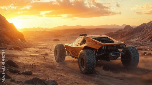 A rock car with a custom-built frame, crossing through a rocky desert with a vibrant sunset