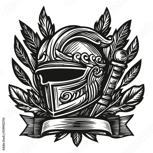 Detailed Engraving of Knight Helmet with Sword and Laurel Leaves