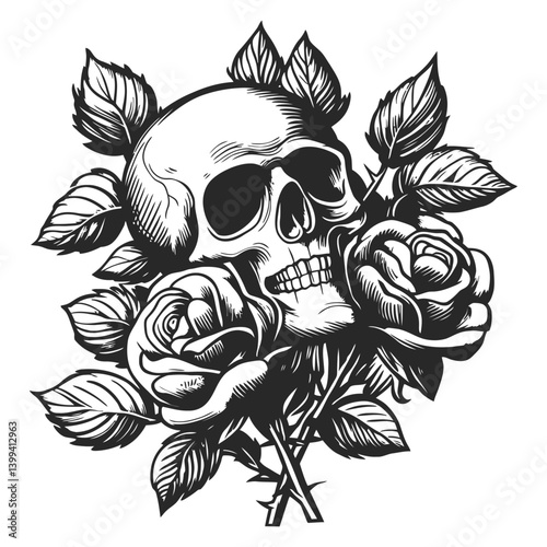 Skull Surrounded by Roses in Intricate Black and White Illustration