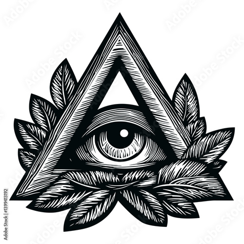 Eye within Pyramid Surrounded by Leaves Symbolizing Mystery and Enlightenment