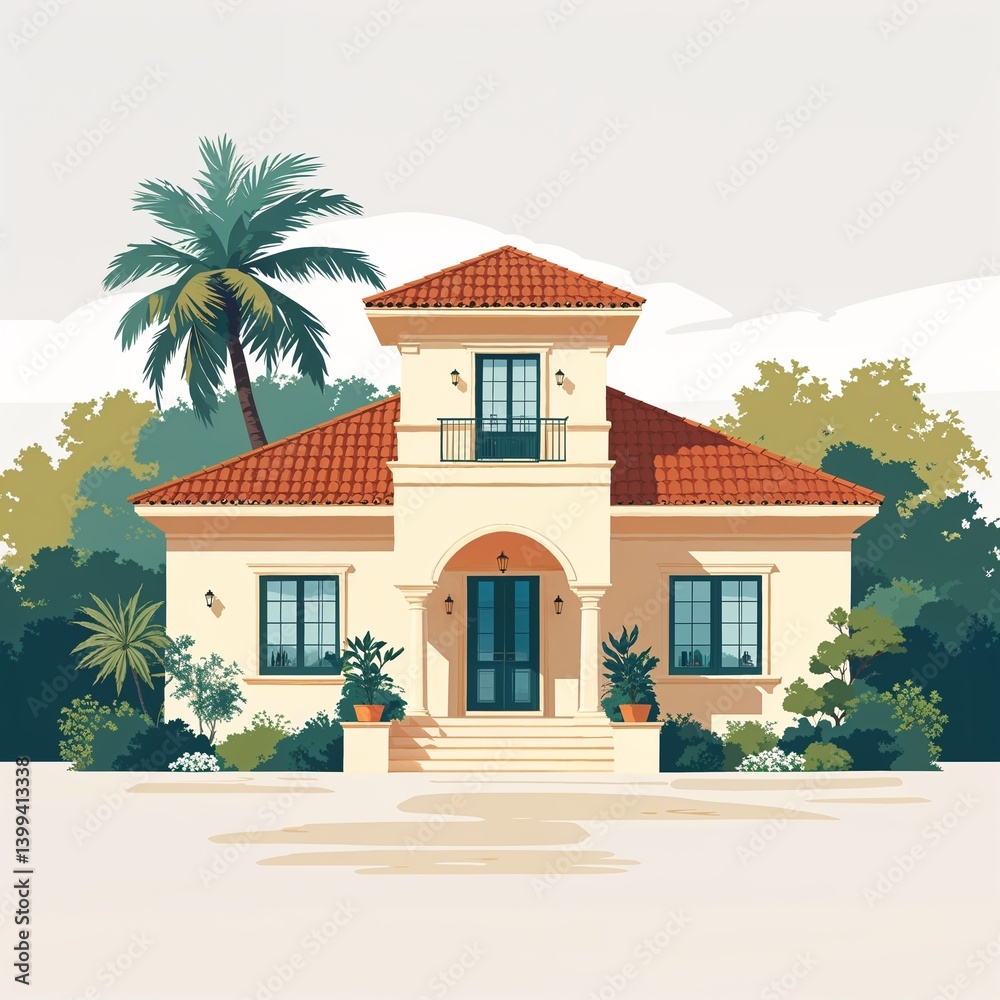 Fototapeta premium cream colored villa with terracotta roof vector art illustration on plain white background