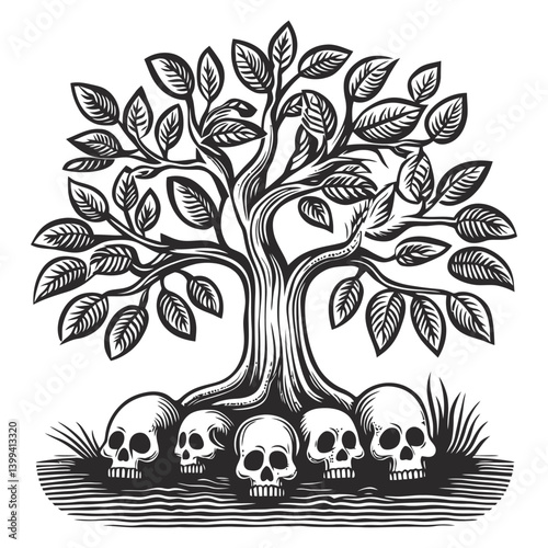 Grayscale Tree with Skull Detail and Intricate Leaf Design