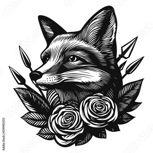 Fox Head with Roses and Spear Illustrations in Vintage Style