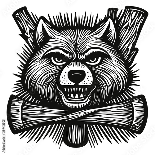 Aggressive Animal Illustration with Axes for Wilderness Theme