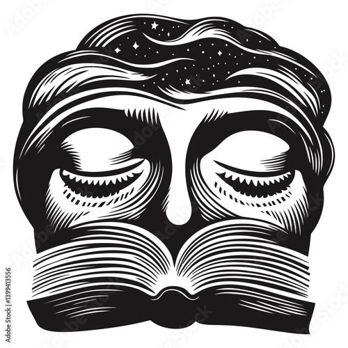 Abstract Illustration of a Sleeping Face with Open Book and Stars