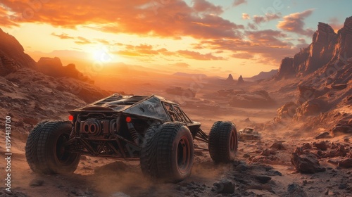 A rock car with a custom-built frame, crossing through a rocky desert with a vibrant sunset 