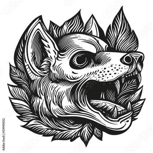 Artistic Illustration of Dog Head Surrounded by Leaves and Plants