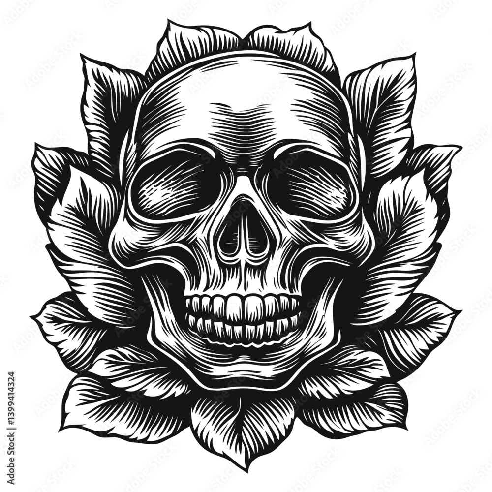 Fototapeta premium Skull with Floral Elements in Detailed Black and White Design
