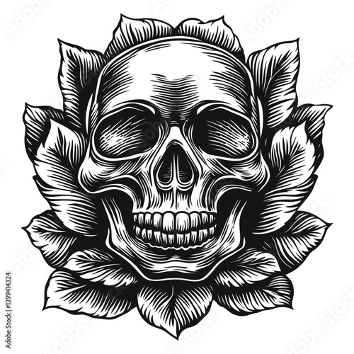 Skull with Floral Elements in Detailed Black and White Design