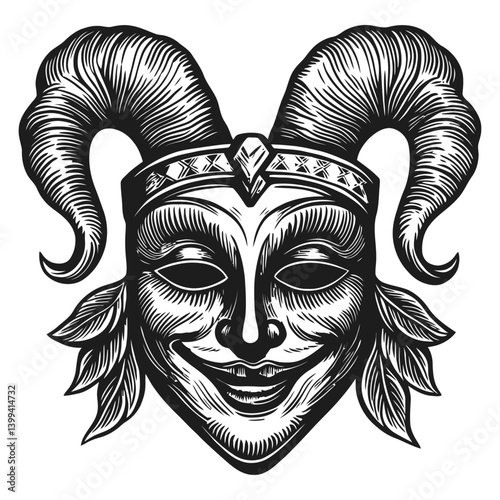 Intricate Vintage Joker Mask Design with Elegant Horns and Details