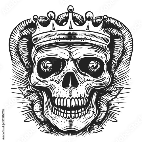 Vintage Skull Illustration with Crown and Ornate Details