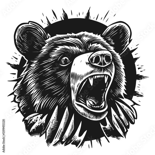 Detailed Black and White Illustration of a Roaring Bear Head