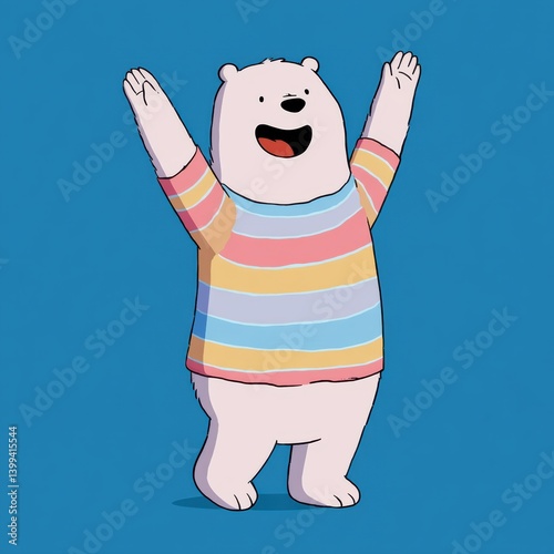 Cheerful dancing bear celebrates joy while clapping its paws in a pastel striped shirt