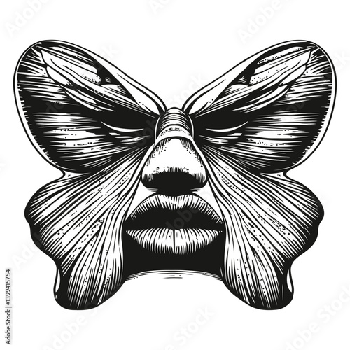 Abstract Artistic Butterfly Face Illustration in Black and White