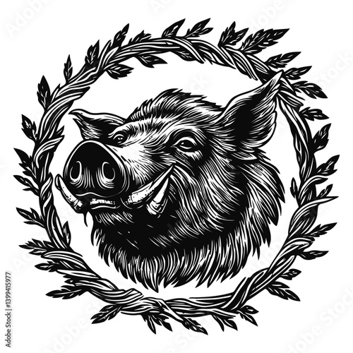 Boar Head Illustration Surrounded by Leaves and Decorative Frame