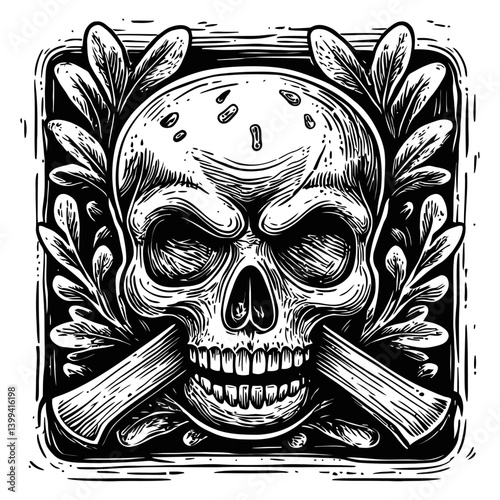 Vintage Skull Design with Crossed Bones and Leafy Elements