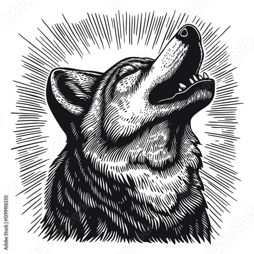 Detailed Illustration of a Howling Wolf with Radiating Lines