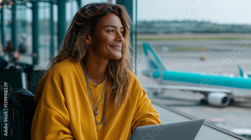 A smiling woman waits in an airport terminal, using a laptop for e-business and online shopping in a boarding lounge. The modern hub features glass walls, planes outside, and a