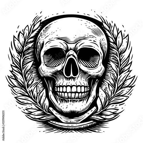 Vintage Skull Design Surrounded by Laurel Leaves in Detailed Style