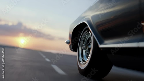 3D retro car rides on the background of the sky