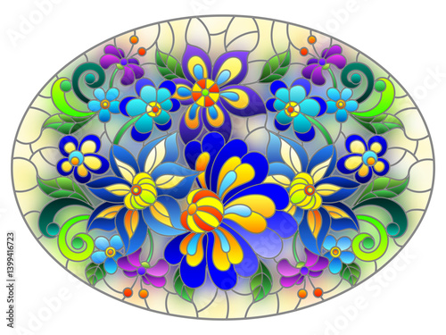 Illustration in stained glass style with bright abstract flowers and leaves on yellow background, oval image