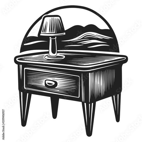 Vintage Wooden Nightstand with Lamp and Scenic Background