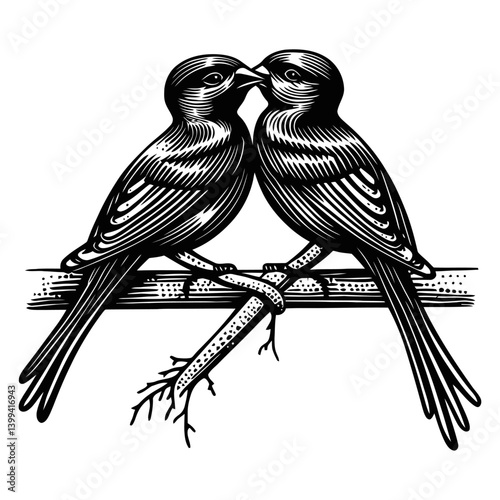 Romantic Embrace of Two Birds on Branch in Black and White Illustration