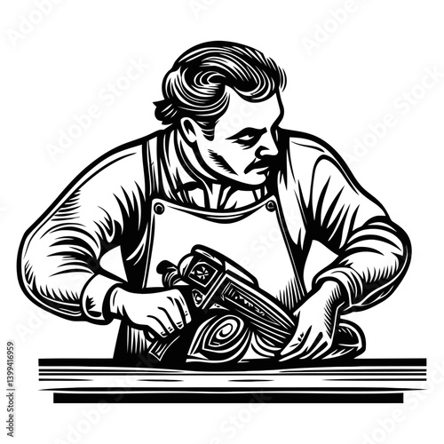 Craftsman Working with Wood Carving Tools in Vintage Style