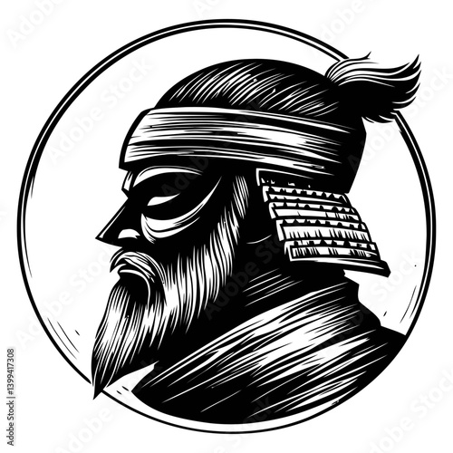 Bold Samurai Warrior Profile in Black and White Illustration