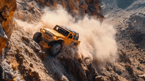 A rugged off-road rock car climbing a steep rocky terrain, with dust trailing behind 