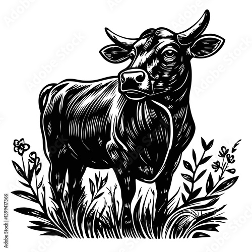 Detailed Black and White Illustration of a Cow in a Natural Setting