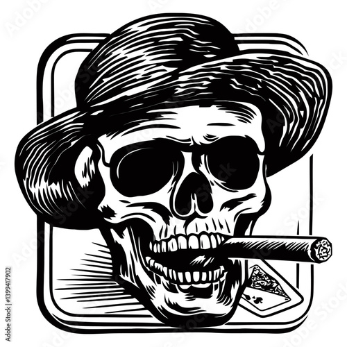 Vintage Skull in Hat with Cigar and Playing Card Illustration Design