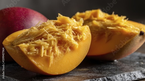 A half-eaten mango showcasing its rich ye-3 - leftover appetizing orange macro healthy