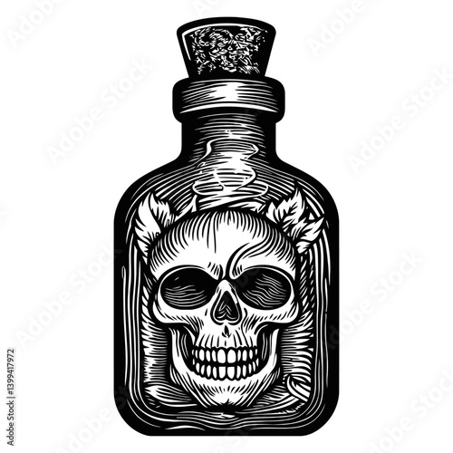 Vintage Skeleton Skull Bottle with Cork and Eerie Design Elements