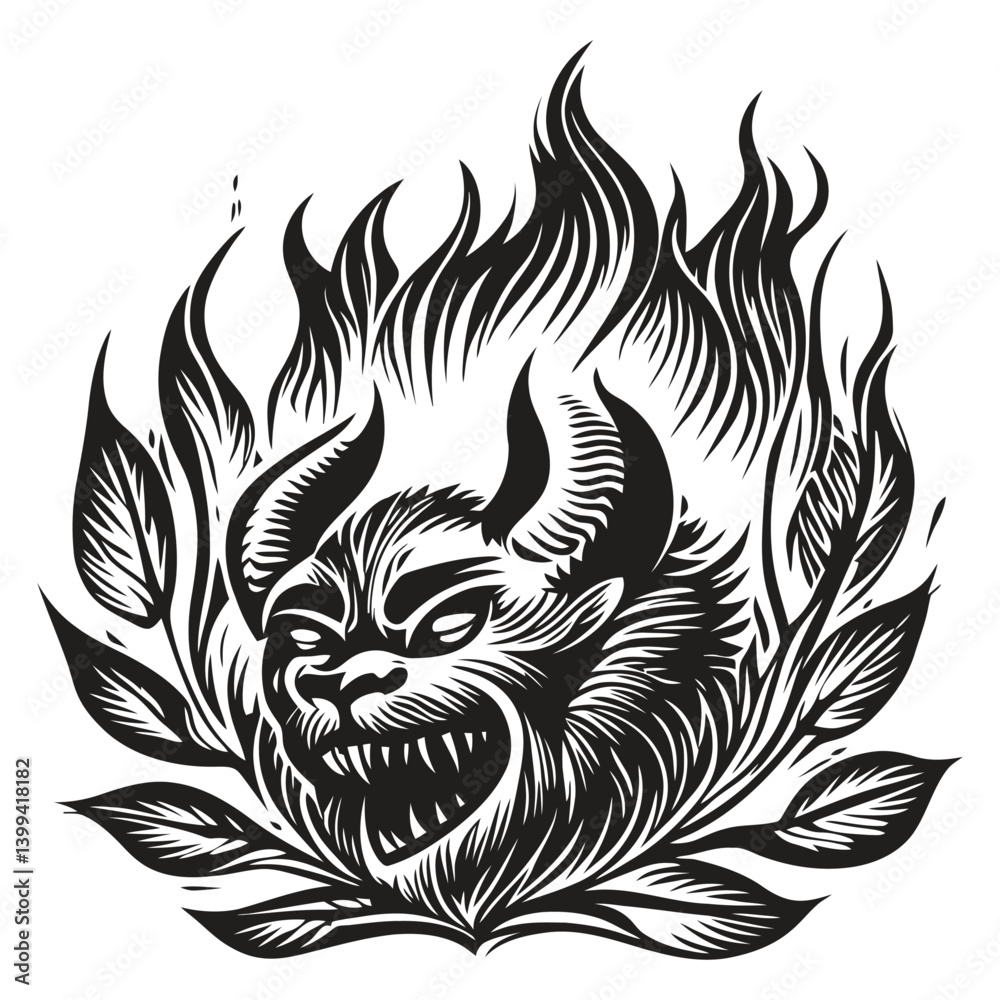 Obraz premium Fiery Demon Head with Flames and Leaves in Intricate Design