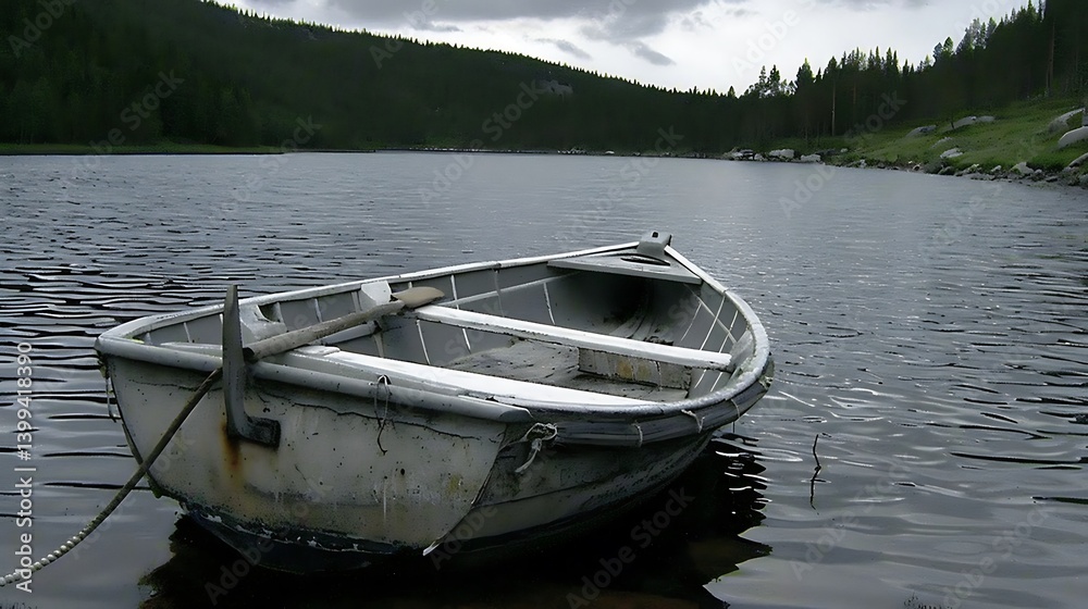 Obraz premium A weathered rowboat rests peacefully on a still lake.