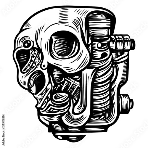 Intricate Skull Design Merging Anatomy and Mechanics in Engraving Style