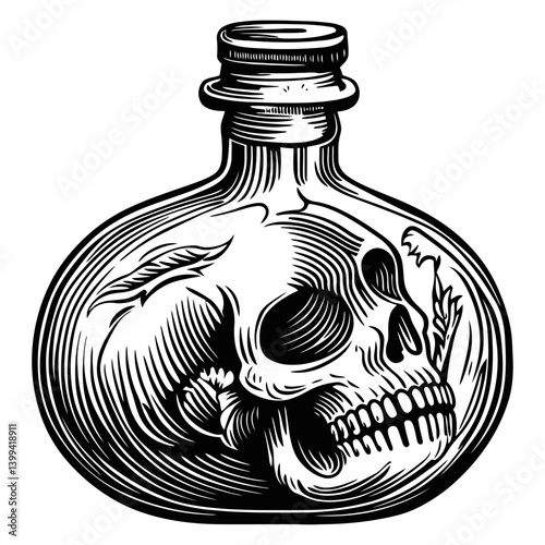 Vintage Skull in Apothecary Bottle Illustration for Dark Aesthetic