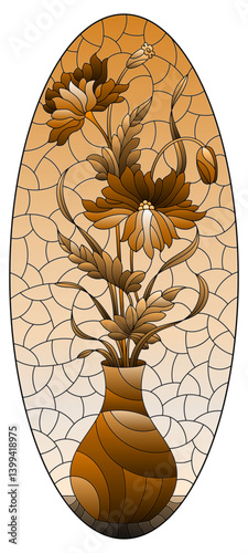 Illustration in the style of a stained glass window with a floral still life, a vase with  flowers, oval image, tone brown