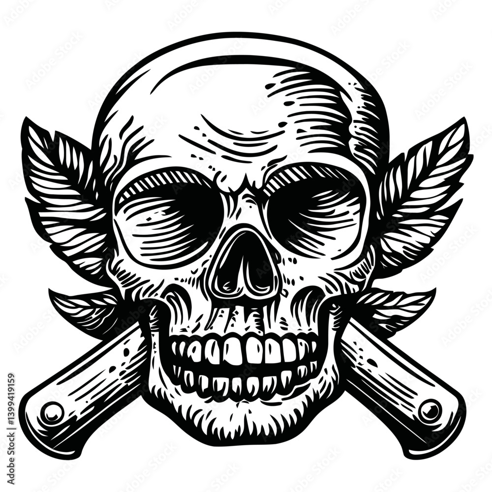 Fototapeta premium Skull with Wings and Crossed Blades in Vintage Tattoo Style