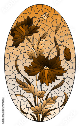 Illustration in stained glass style with poppies flowers, oval image, tone brown