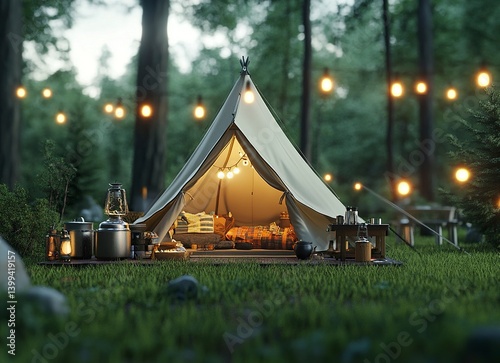 camping tent set up in the green grass, with outdoor cooking equipment and lights hanging on it. The background is a blurred forest scenery. It has an aesthetic appeal, a professional photography styl